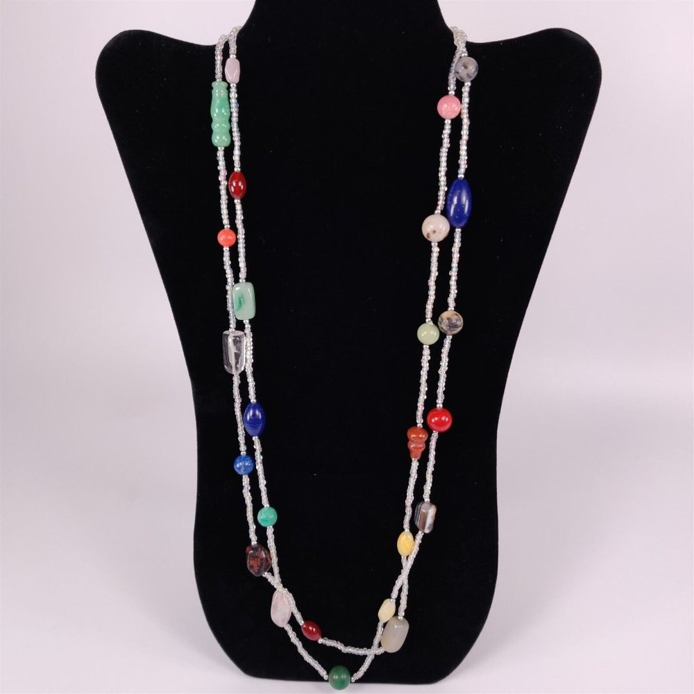✅ Stone Glass Bead Necklace Silver Tone Blue Yellow Green Red Purple 60" Womens